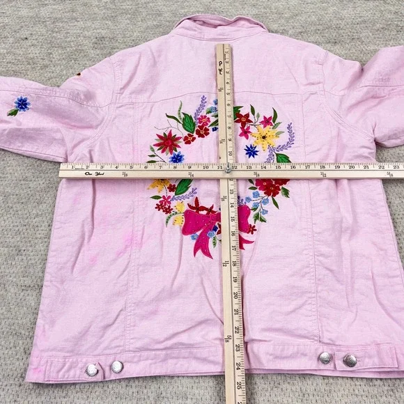 Vintage Quacker Factory Jacket Women Large Pink Embroidered Flower Linen Boho - Picture 13 of 16